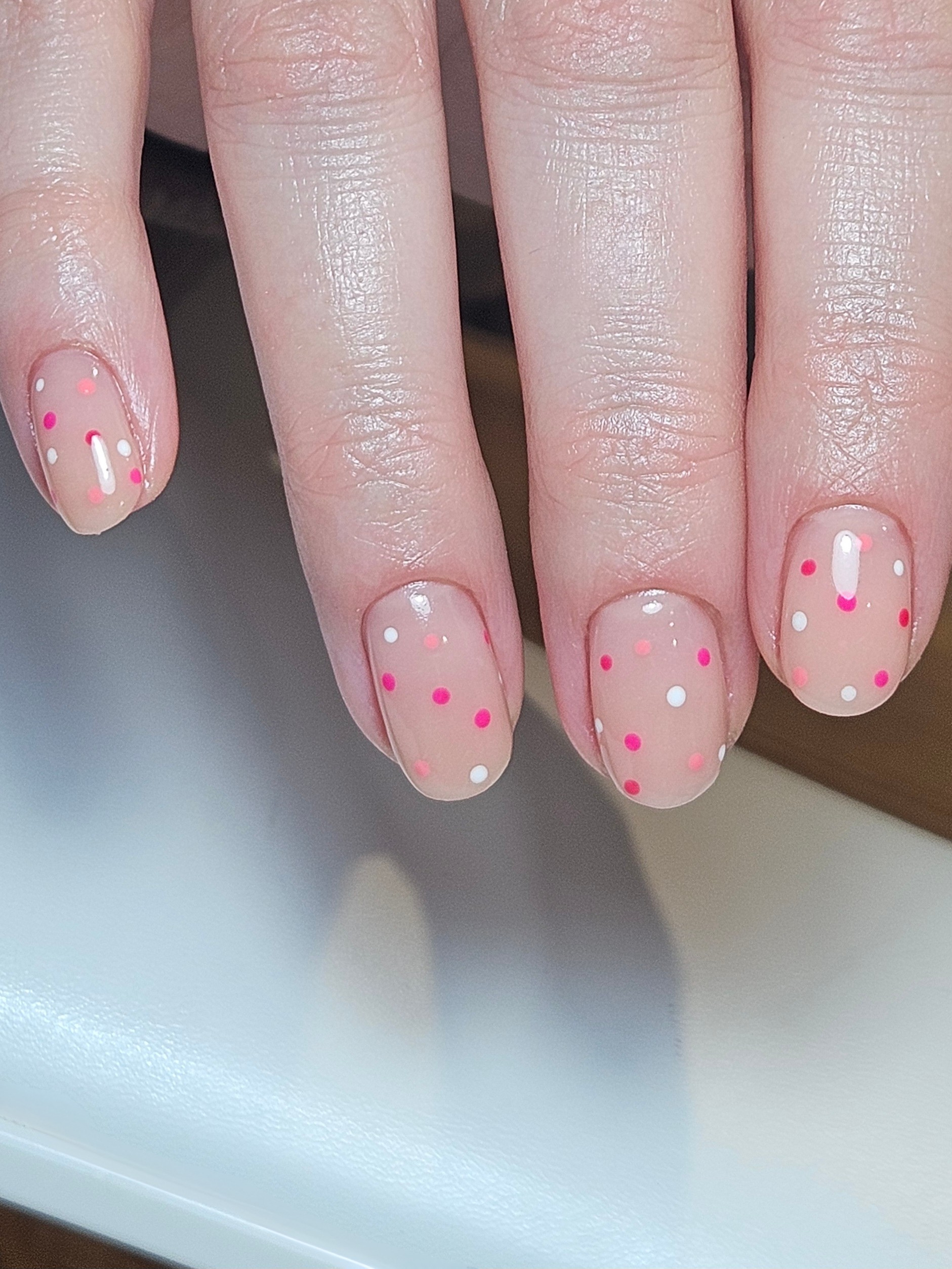 Pink builder gel nails with polka dot accents on natural nails - Amy Suchowij Nail Studio Ipswich