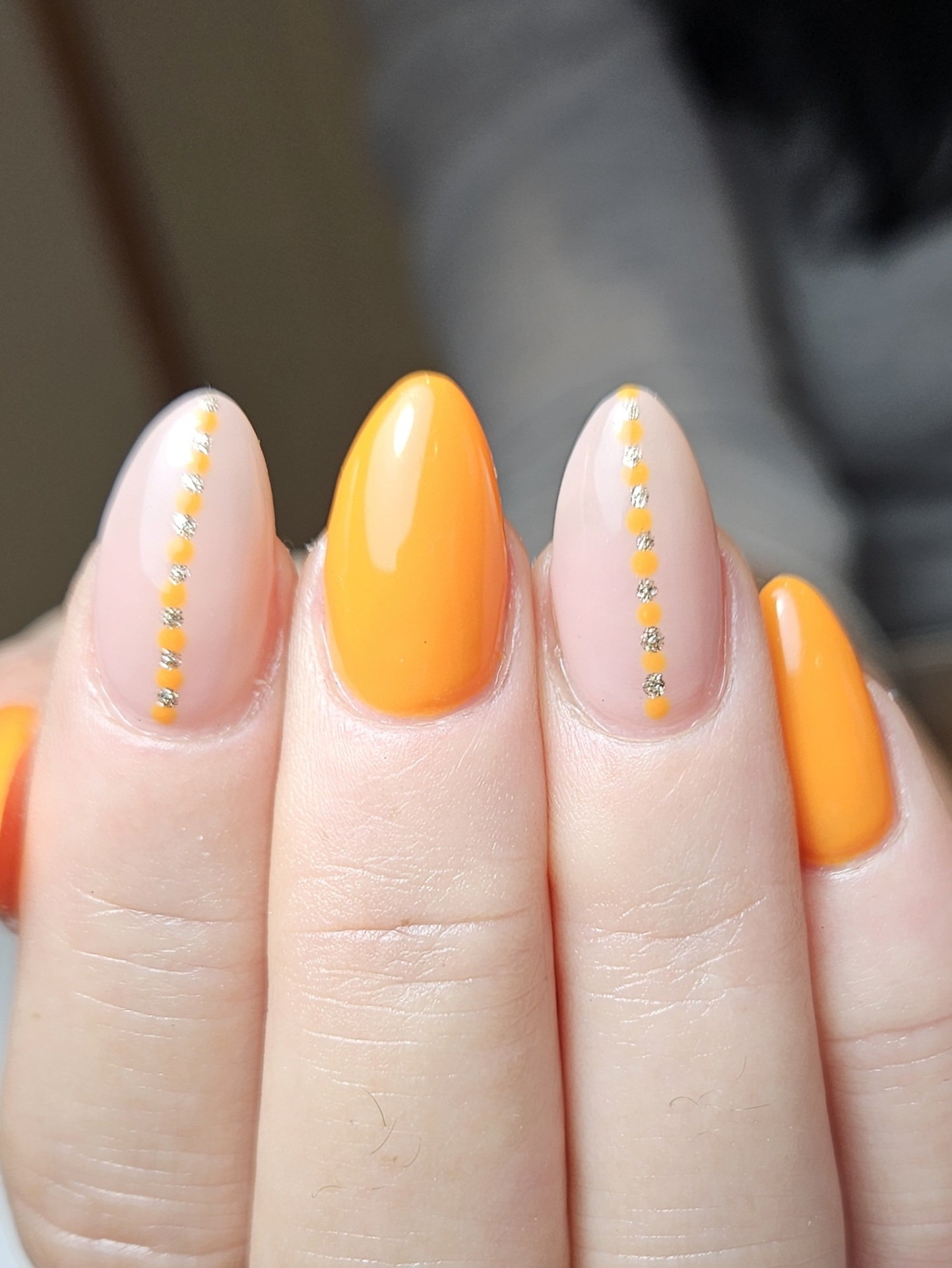 Mustard yellow and nude builder gel nails with a dotted accent design - Amy Suchowij Nail Studio