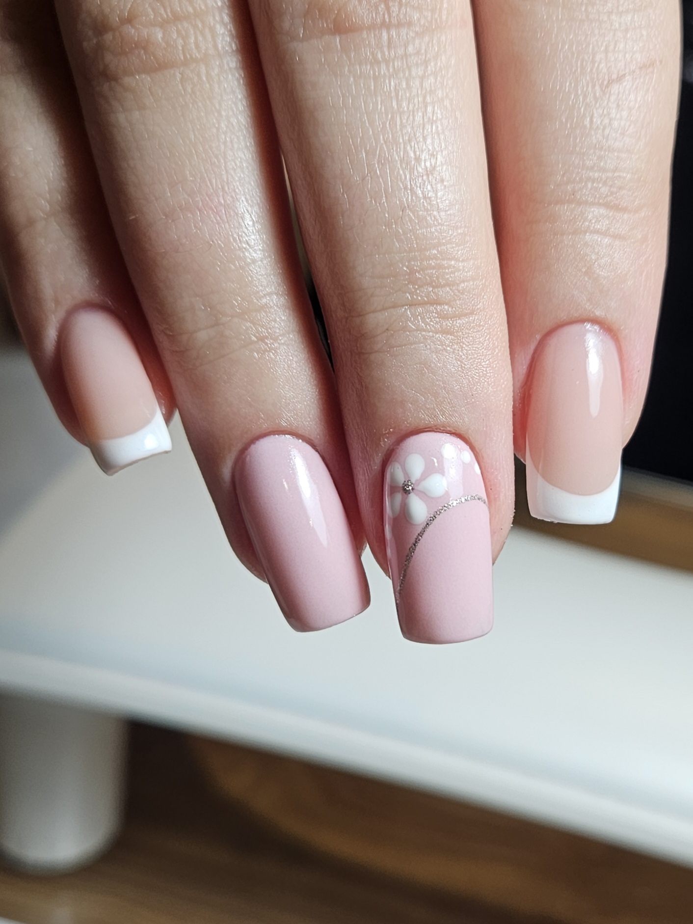 Soft pink hard gel nails with french tips and a silver accent - Amy Suchowij Nail Studio Ipswich
