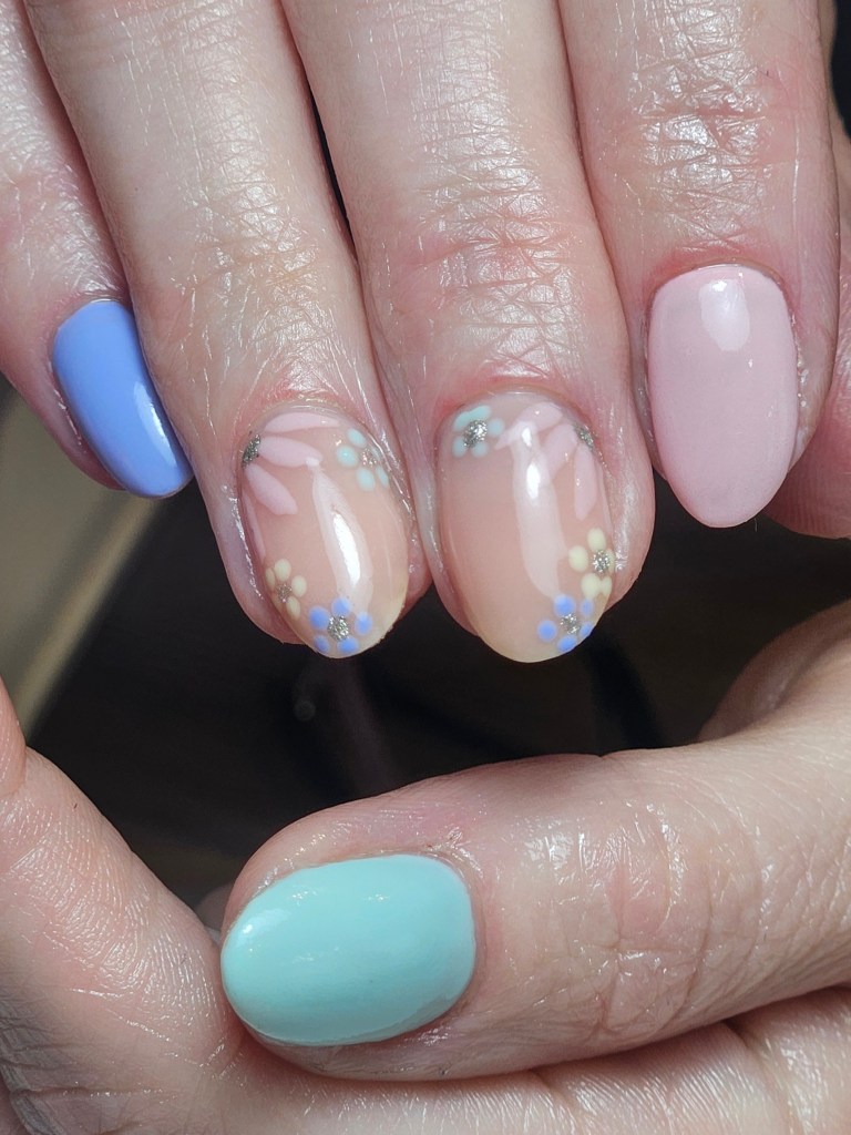 Pastel builder gel nails with delicate floral nail art - Amy Suchowij Nail Studio Ipswich.