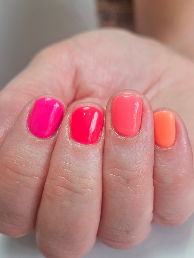 Bright pink, red and orange gel polish nails with glossy finish - Amy Suchowij Nail Salon Ipswich
