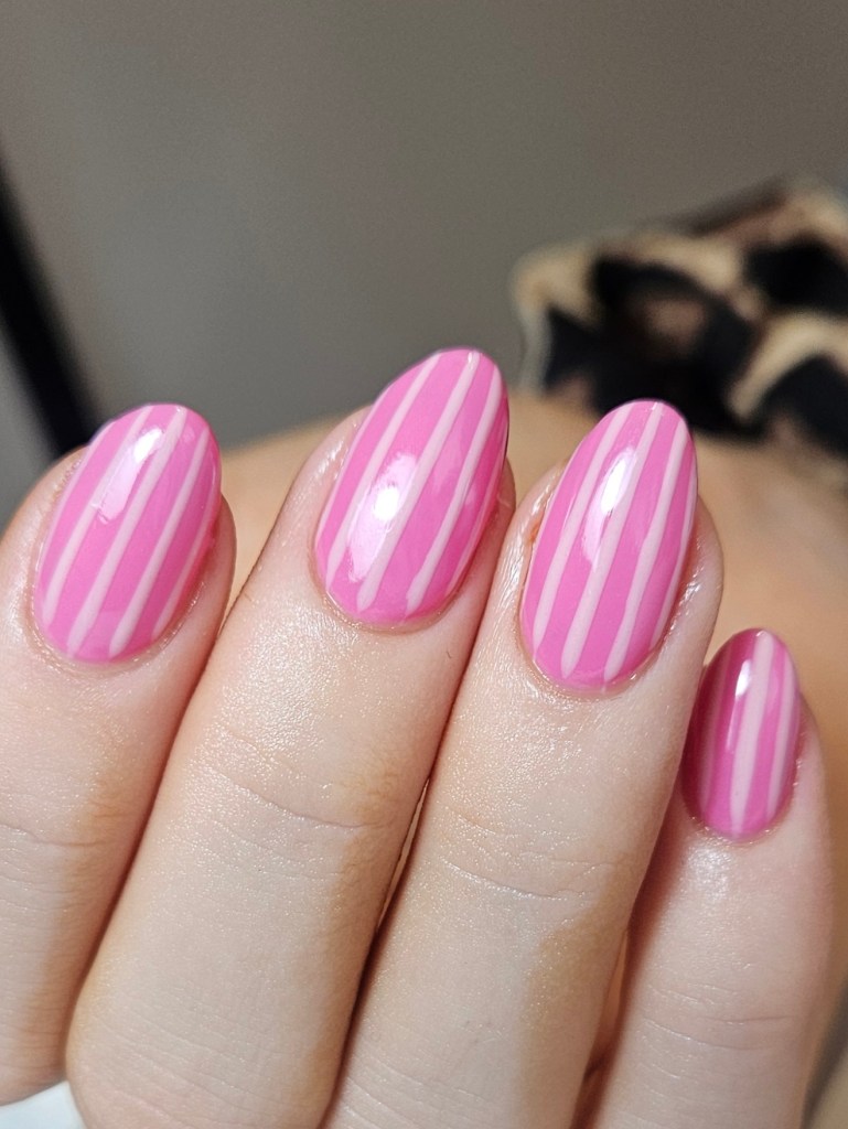 Bright pink builder gel nails with vertical stripe nail art. - Amy Suchowij Nail Studio Ipswich