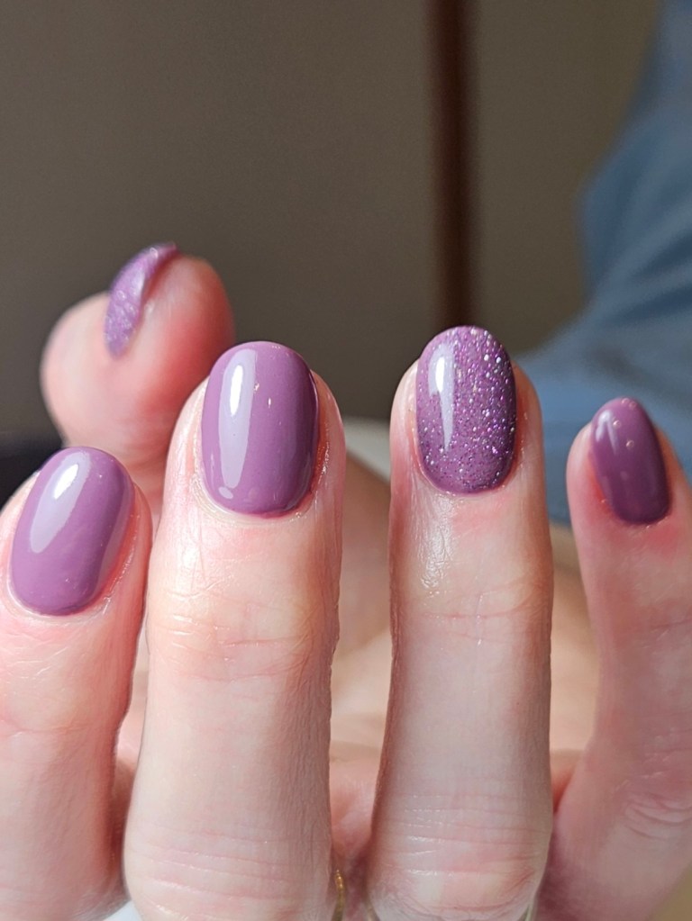 Soft mauve builder gel nails with a glitter accent - Amy Suchowij Nail Studio