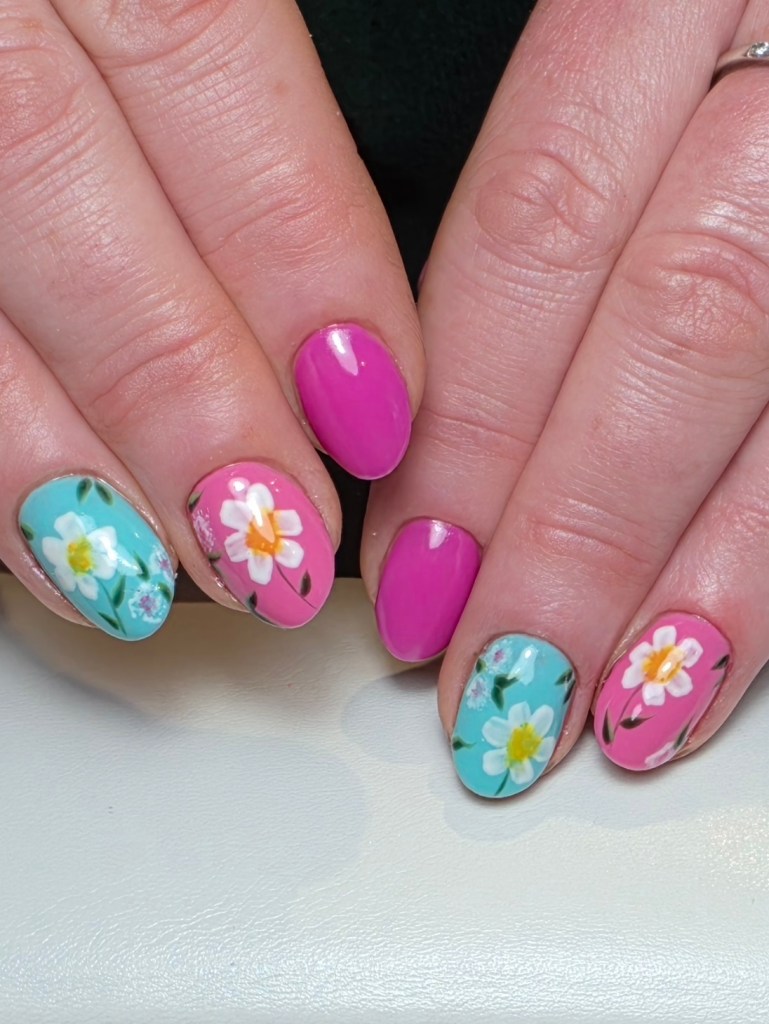 Bright pink and tiffany blue hard gel nails with hand painted daisy nail art - Amy Suchowij Nail Salon